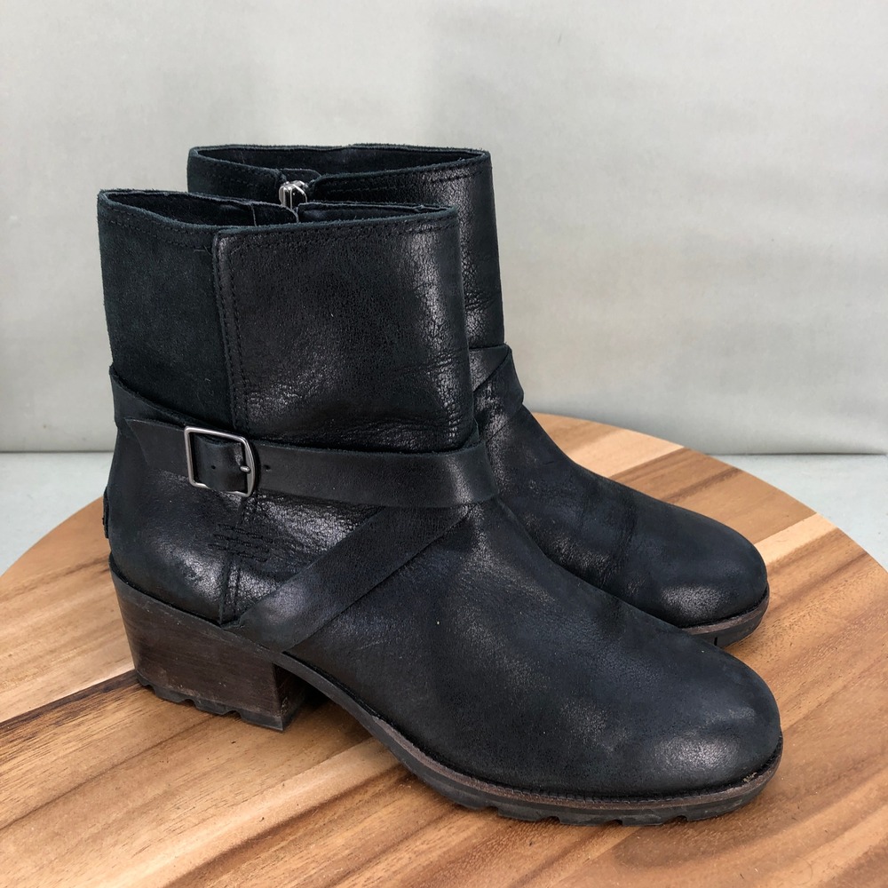 Sorel Womens Cate Black Leather Suede Ankle Boots Zip Buckle Size 9.5